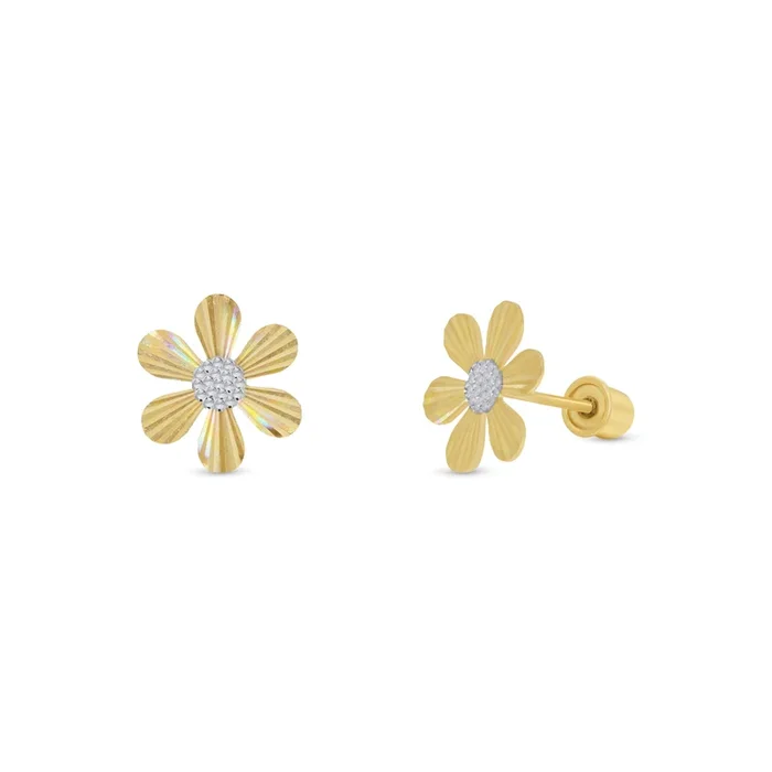 14KE0001. – Pendientes de margaritas iridiscentes en oro amarillo y blanco de 14 quilates