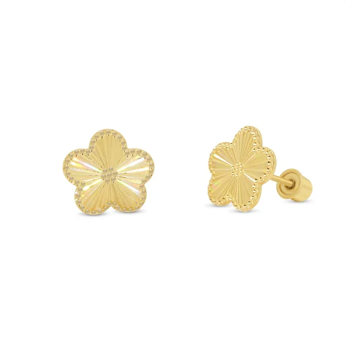 14KE0004. – 14 Karat Yellow Gold Diamond Cut Iridescent Flower Earrings
