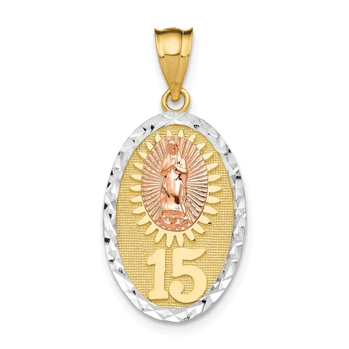 14KT Gold Tri-Color 22X14MM Guadalupe Quinceanera Pendant. Chain Not Included
