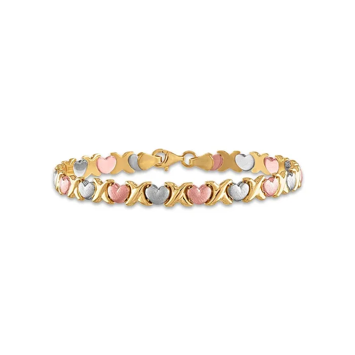 14KT Gold Tri-Color 7-inch Heart Bracelet