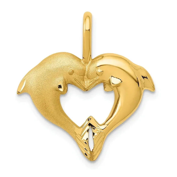 14KT Yellow Gold 23X20MM Dolphin Heart Pendant. Chain Not Included