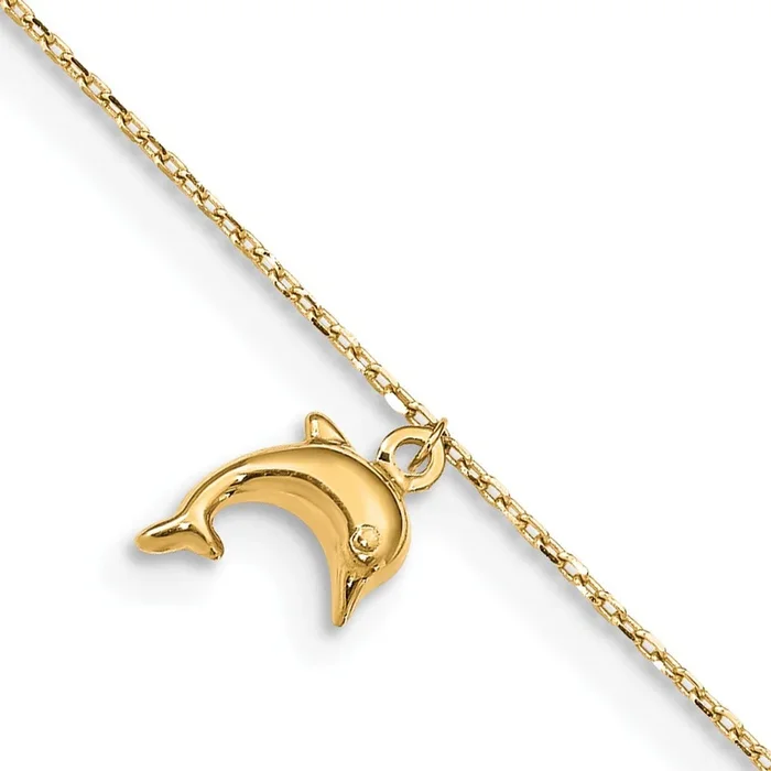 14KT Yellow Gold 9+1-inch Adjustable Extender Dolphin Anklet
