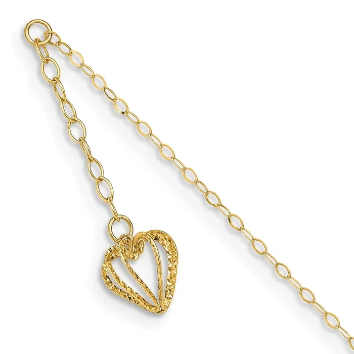 14KT Yellow Gold 9+1-inch Adjustable Extender Heart Anklet