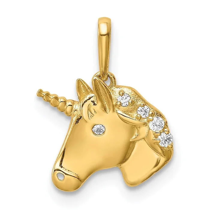 14KT Yellow Gold Cubic Zirconia Childrens Unicorn Pendant. Chain Not Included