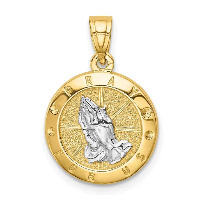 14KT Yellow Gold With Rhodium Plating Praying Hands Pendant-Chain Not Included
