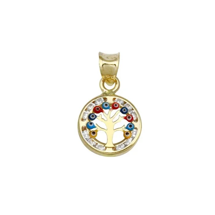 14P00014. – 14 Karat Yellow Gold CZ Disc Evil Eyes Tree Pendant