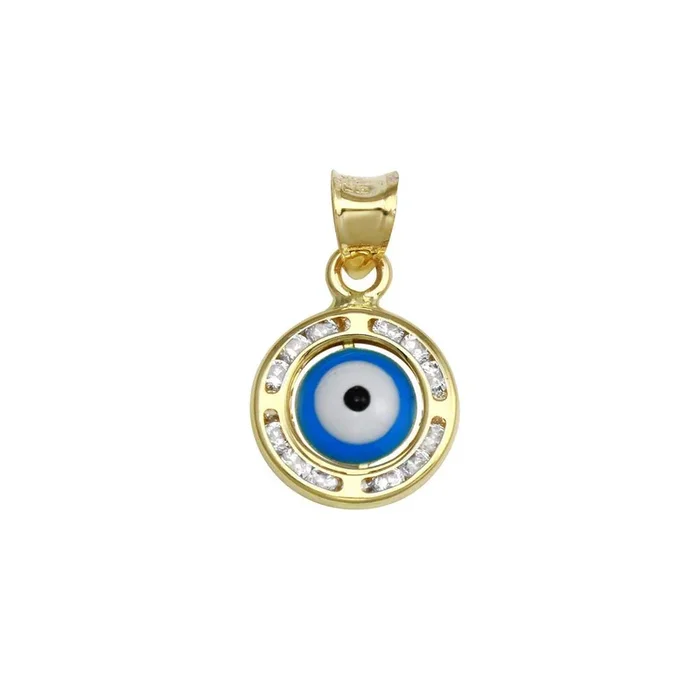 14P00015. – 14 Karat Yellow Gold CZ Disc Evil Eyes Pendant