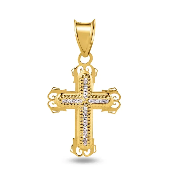 14P00070 – 14 Karat Yellow Gold Cross Bordered Cross Clear CZ Pendant