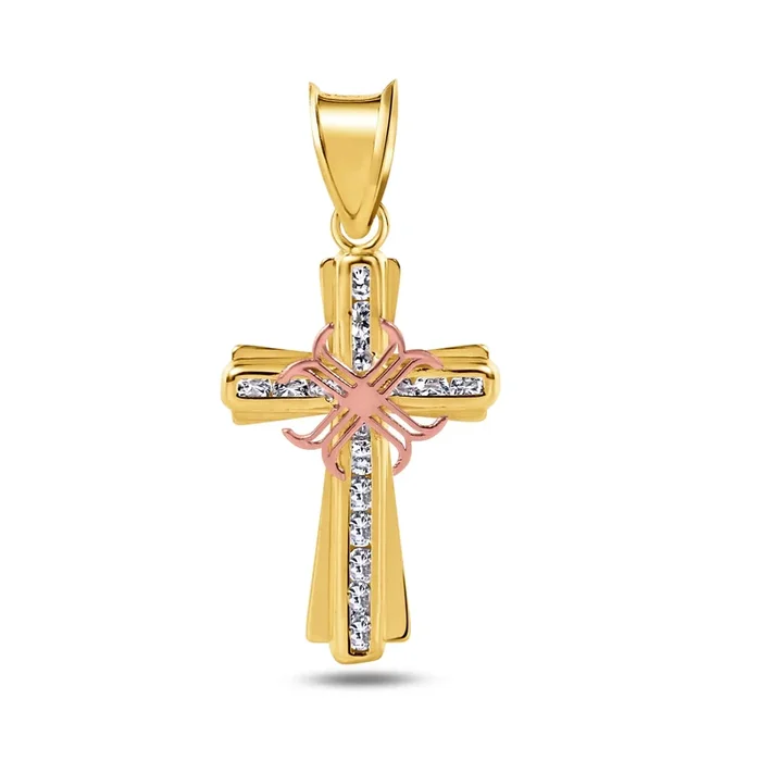 14P00071 – Colgante con cruz de oro amarillo de 14 quilates en dos tonos con circonita transparente