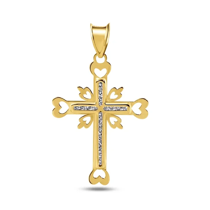 14P00072 – 14 Karat Yellow Gold Cross Heart Cutout Clear CZ Pendant