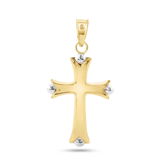14P00078. – Colgante de cruz de tubo hueco con borde de cuentas de oro amarillo de 14 quilates
