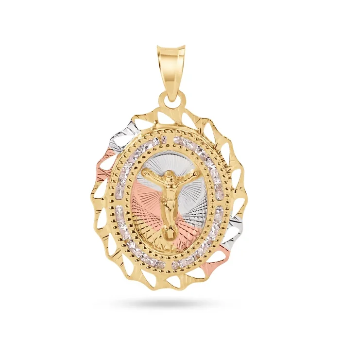 14P00094. – 14 Karat Yellow Gold 2 Tone 20mm Diamond Cut Oval Bezel Jesus Christ Clear CZ Pendant