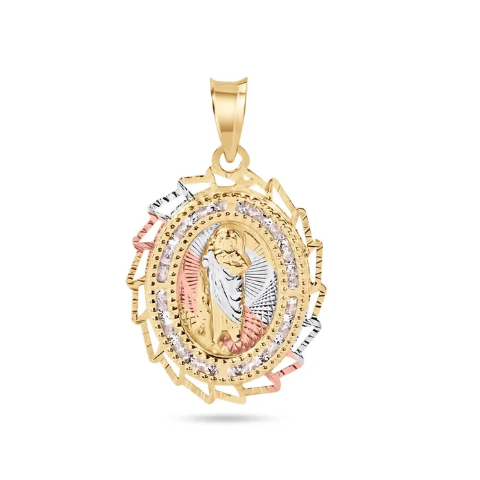 14P00098. – 14 Karat Yellow Gold 2 Tone 20mm Diamond Cut Oval Sharp Edge Bezel Saint Jude Clear CZ Pendant