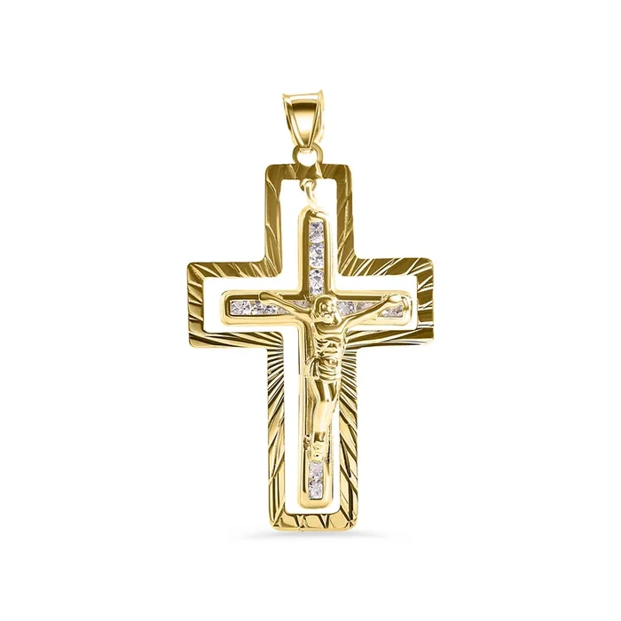 14P00146. – Colgante de cruz exterior de Jesucristo con dos diamantes talla dos en oro amarillo de 14 quilates y circonita cúbica transparente.