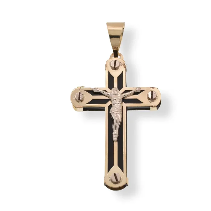 14P00170. – 14 Karat Yellow Gold Cross Jesus Christ Black Enamel 18.3mm x 30.5mm Pendant