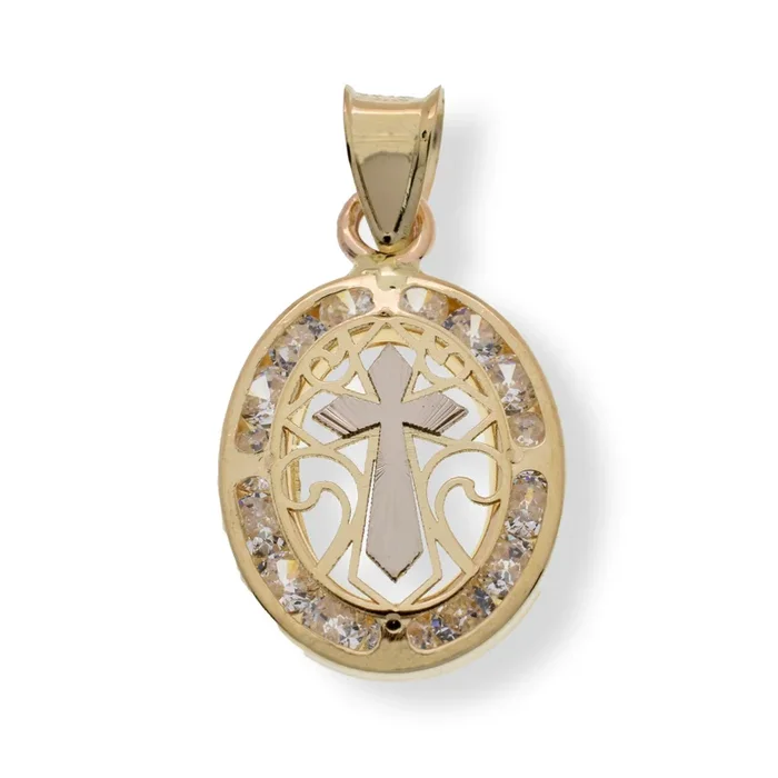 14P00174. – 14 Karat Yellow Gold Oval Abstract Diamond Cut Cross Clear CZ 12.2mm x 15.4mm Pendant