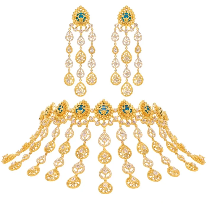 15.13CTW Rose Cut Diamond Choker Set With Turquoise in 22K Gold