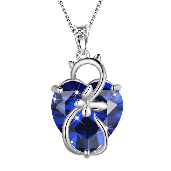 15 mm Damen-Katzenhalskette mit Herzanhänger, Geburtsstein September, 925er Sterlingsilber, Schmetterling, blauer Saphir – ideales Geschenk zum Geburtstag oder Muttertag