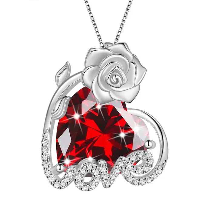 15 mm Rosenherz-Halskette für Damen, Geburtsstein Januar, 925er Sterlingsilber, Liebesblumenanhänger, Granatschmuck, Valentinstagsgeschenk für Ehefrau, Mutter, Freundin