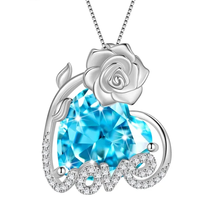 15 mm Rosenherz-Halskette für Damen, Geburtsstein März, 925er Sterlingsilber, Liebesblumenanhänger, blauer Aquamarin, Schmuck, Mutter-Geburtstags-Valentinstagsgeschenk für die Ehefrau