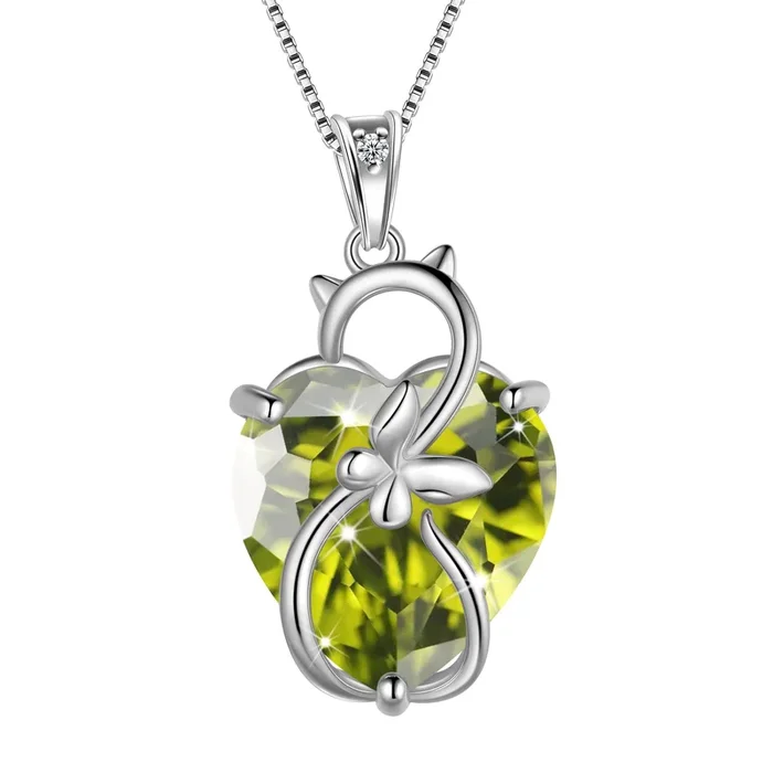 15MM Women Cat Necklace Heart August Birthstone 925 Sterling Silver Pendant Butterfly Green Peridot Jewelry Mom Christmas Birthday Gift