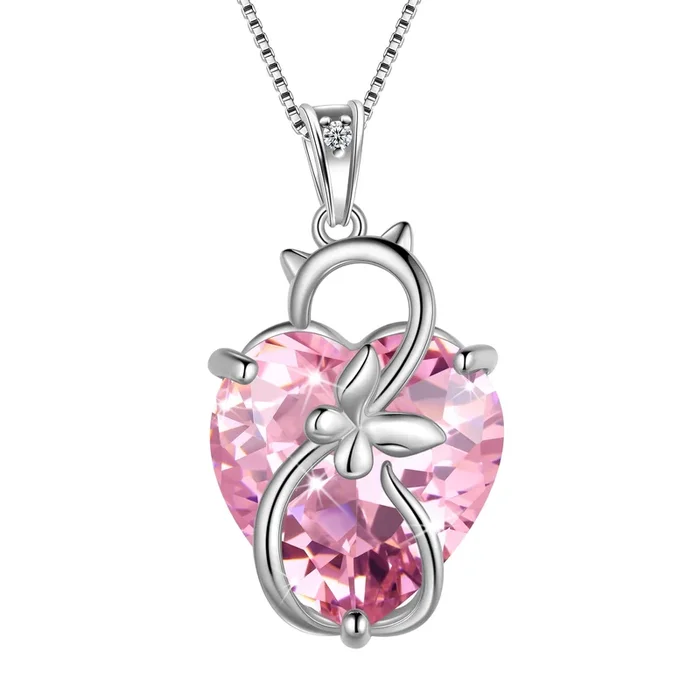 15MM Women Cat Necklace Heart October Birthstone 925 Sterling Silver Pendant Pink Tourmaline Butterfly Jewelry Mother Birthday Valentine’s Day Gift
