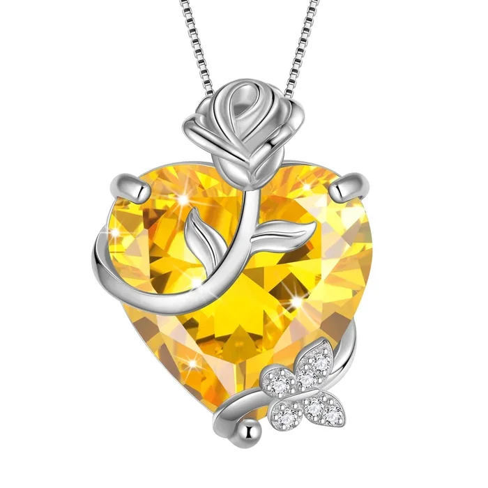 15MM Women Rose Heart Necklace November Birthstone 925 Sterling Silver Butterfly Flower Pendant Citrine Jewelry Yellow Christmas Valentines Gift for Her