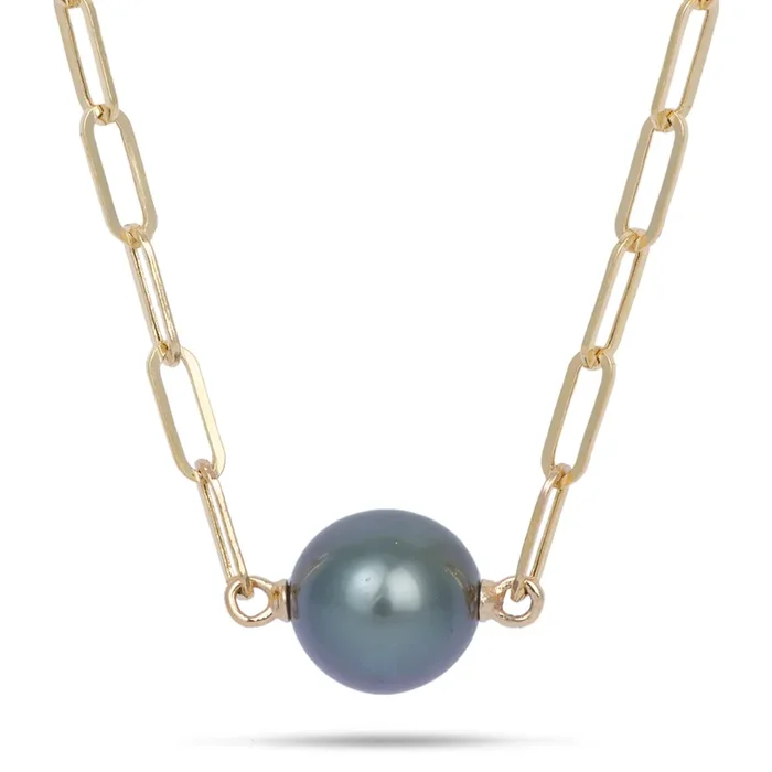 16-17″ Tahitian Black Pearl Paperclip Chain Necklace in Gold – 12-13mm