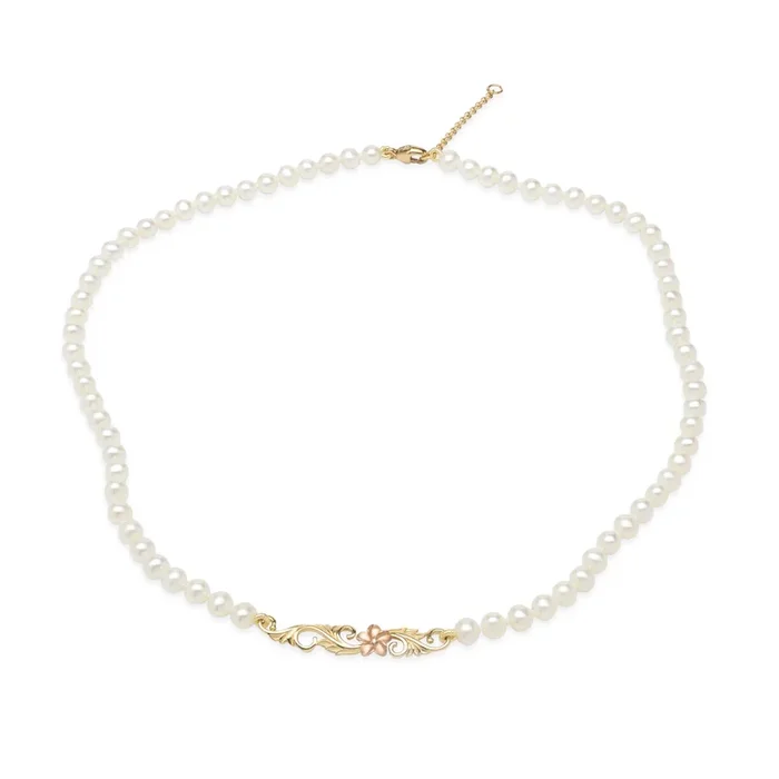 16-18″ Adjustable Hawaiian Heirloom Plumeria Freshwater White Pearl Necklace in Two Tone Gold with Diamond