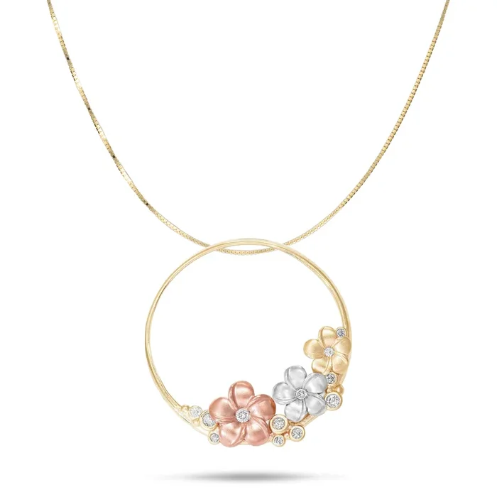 16″ Plumeria Necklace in Tri Color Gold with Diamonds – 22mm