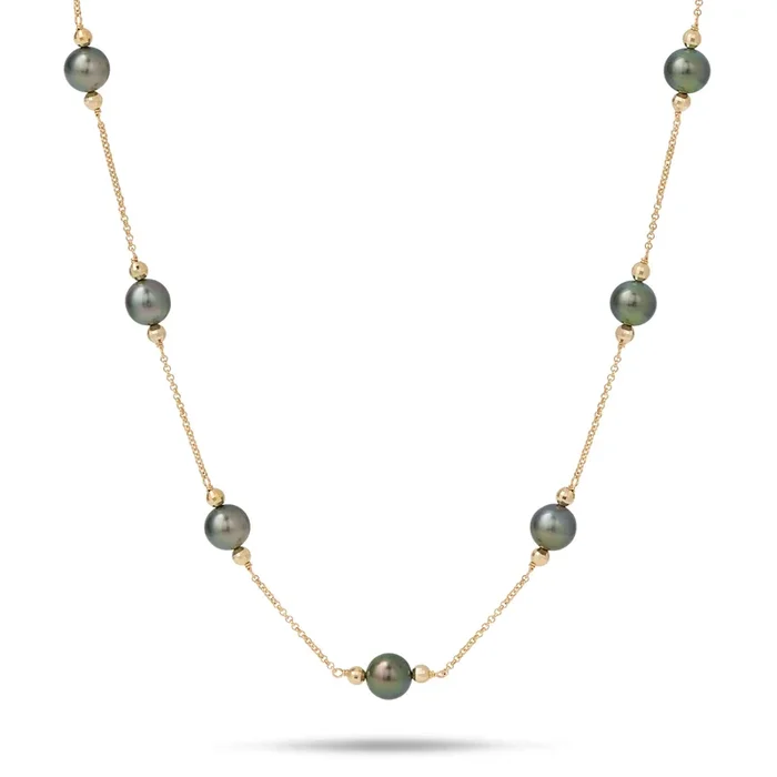 17.5-18″ Tahitian Black Pearl Necklace in Gold – 9-10mm