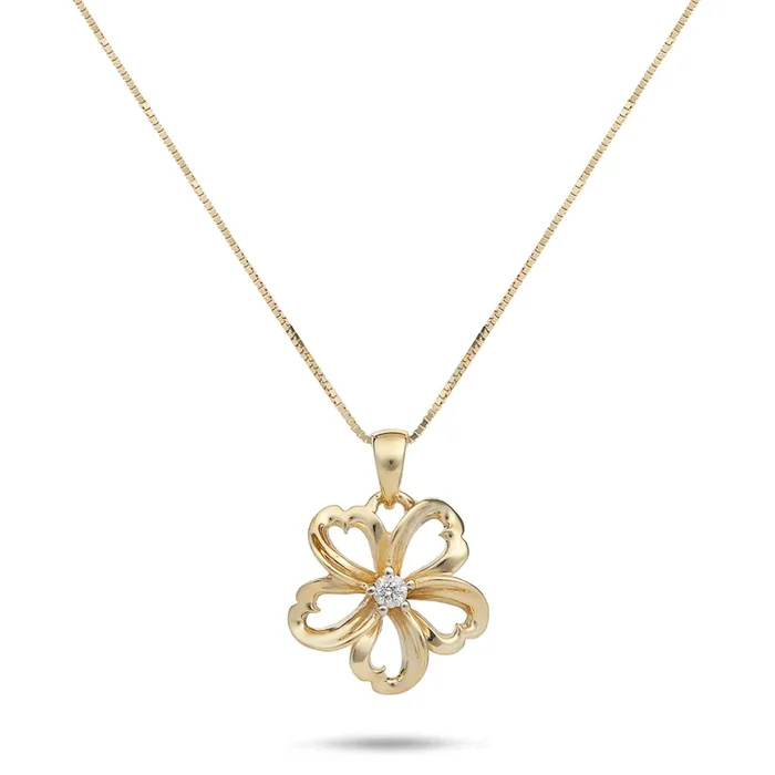 18″ Plumeria Pendant Necklace in Gold with Diamond – 14mm