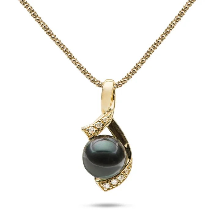 18″ Tahitian Black Pearl Pendant Necklace in Gold with Diamonds – 10-11mm
