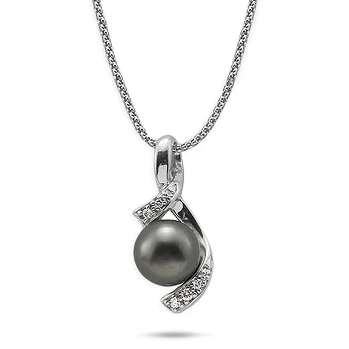 18″ Tahitian Black Pearl Pendant Necklace in White Gold with Diamonds – 10-11mm
