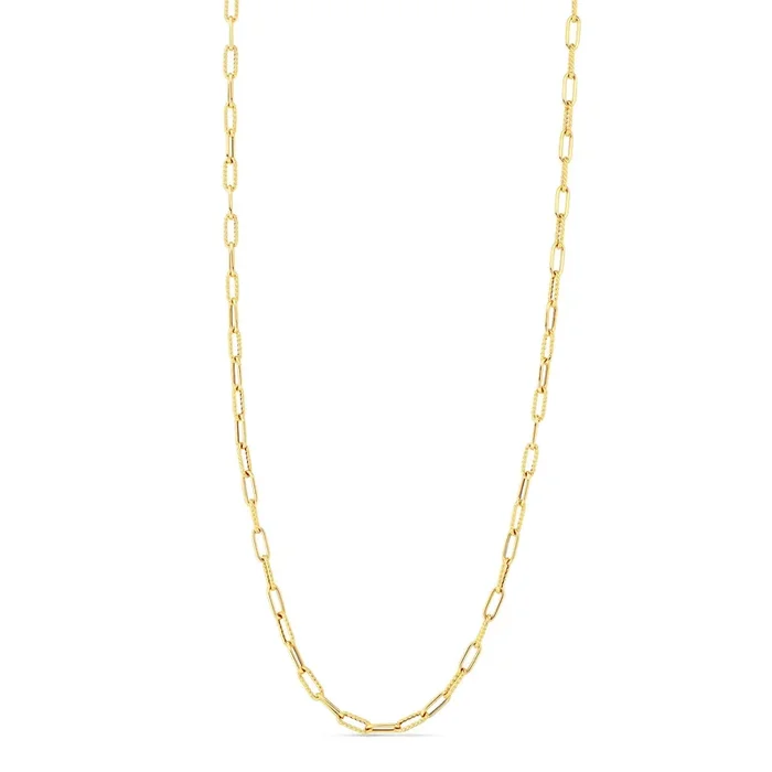 18K DESIGNER GOLD ALTERNATING POLISHED AND FLUTED PAPERCLIP LINK 17 INCH CHAIN