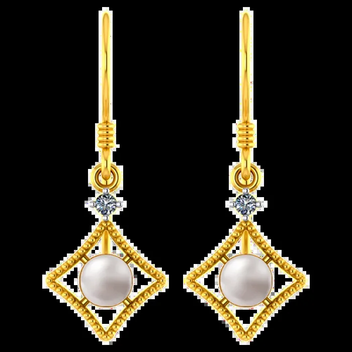 18k Diamond Shaped Diamond Earrings With A Pearl And Beautiful Detailing