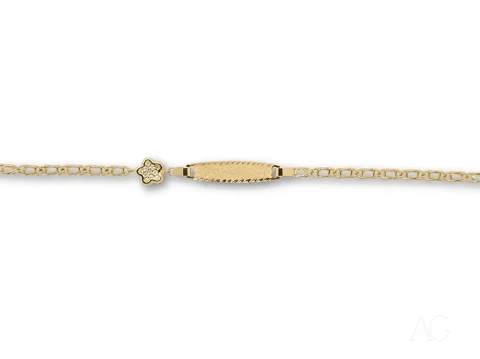 18k gold kid’s id bracelet with flower motif and spring ring lock