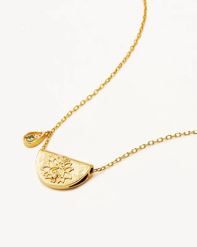 18k Gold Vermeil Lotus Birthstone Necklace – March – Aquamarine
