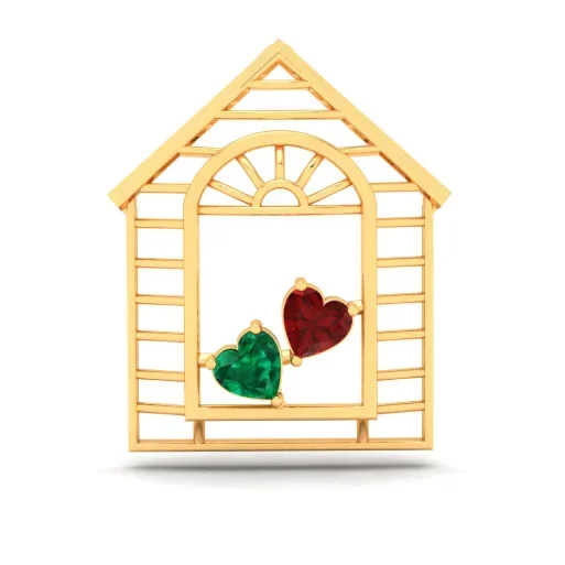 18k Home Shaped Gold Pendant With Two Heart Shaped Stones From Online Exclusive Collection