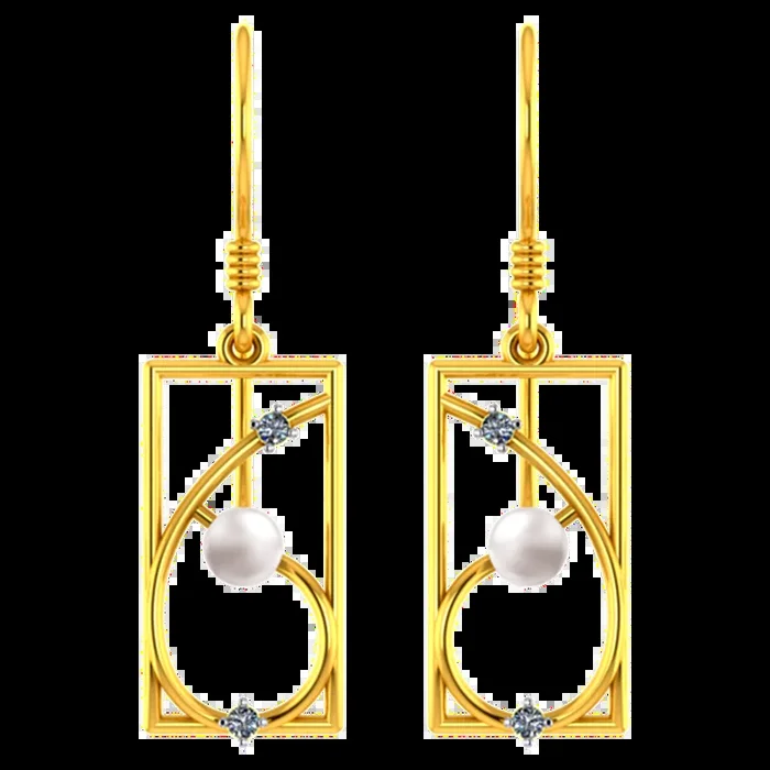 18k Rectangular Diamond Earrings With Unique Design And A Pearl