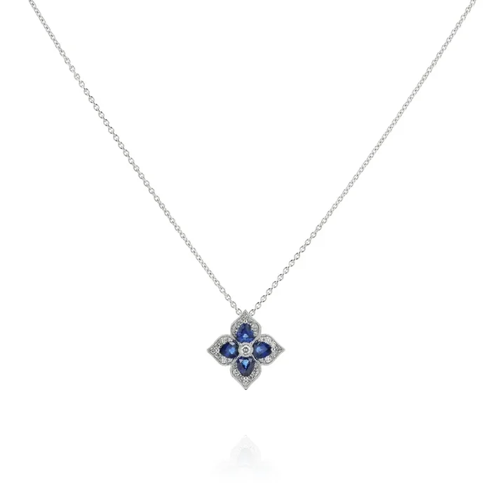18k White Gold 17″ Flower Design Sapphire and Diamond Pendant Necklace