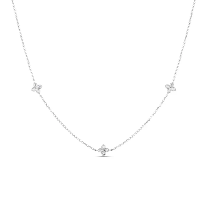 18K WHITE GOLD LOVE BY THE INCH 3 STATION FLOWER NECKLACE