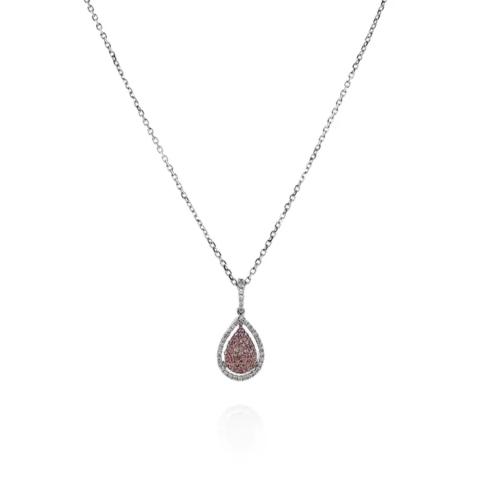 18k White Gold Pear Shaped Pink and White Diamond Halo Pendant Necklace