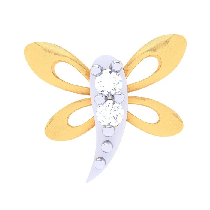 18KT Dragonfly Shaped Gold Nosepin With Three Diamonds From P.c Chandra Jewellers