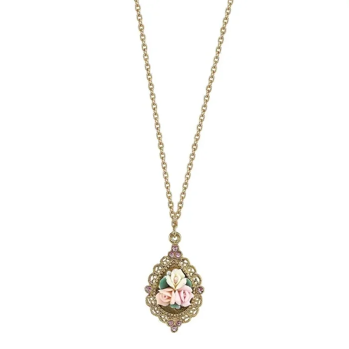 1928 Bridal Pink Crystal And Ivory And Pink Porcelain Rose Pendant Necklace 16″ + 3″ Extender