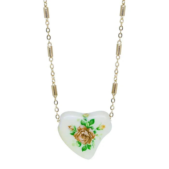 1928 Jewelry 85′ Porcelain Heart & Rose Pendant Necklace 15″ + 3″ Extension