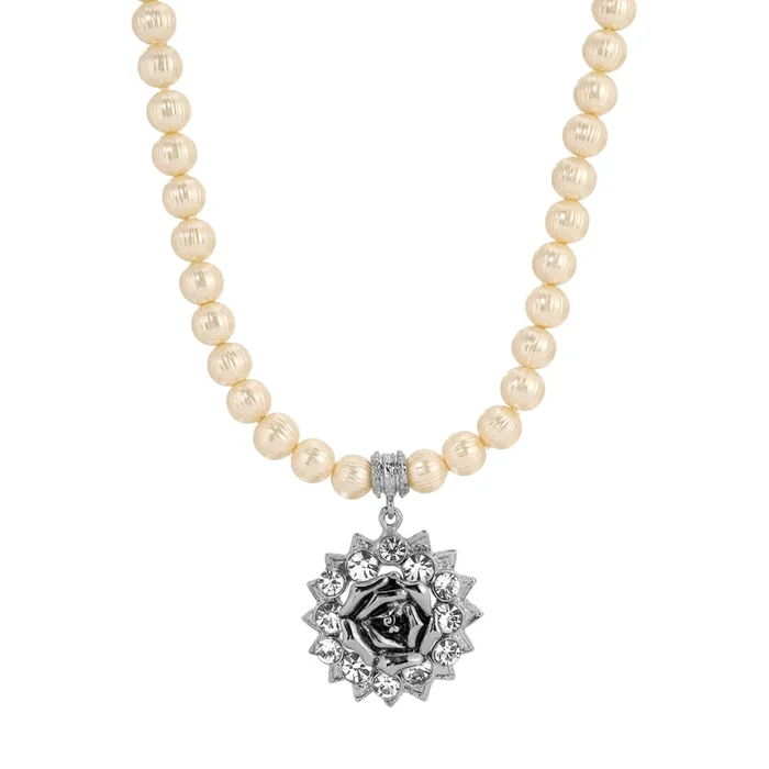 1928 Jewelry 8mm Faux Pearl Strand Rose Crystal Pendant Necklace 18″