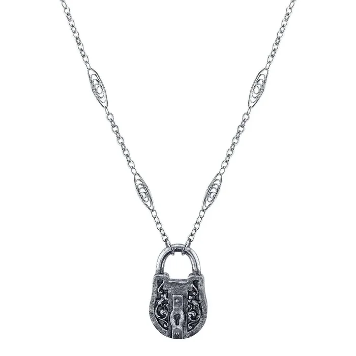 1928 Jewelry Antiqued Pewter Lock Pendant Necklace 30″