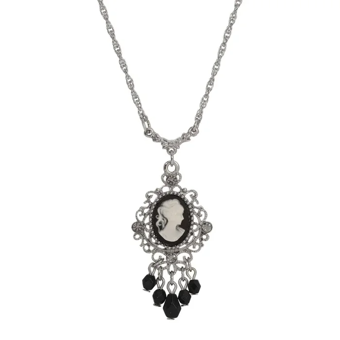 1928 Jewelry Black Diamond Crystal Cameo Drop Necklace 16″ + 3″ Extension