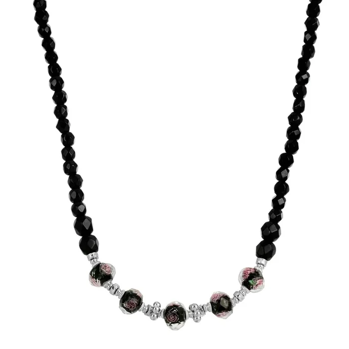 1928 Jewelry Black Floral Beaded Necklace 15″ + 3″ Extender